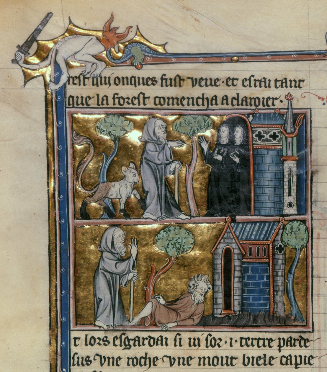 Fr 95 f.4v Eremit och odjur, från lHistoire du Saint Graal, c.1280-90 av French School