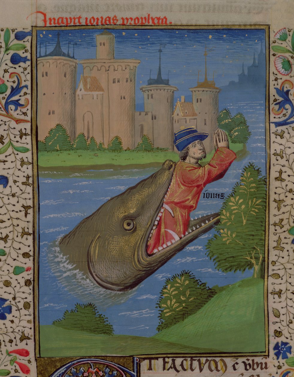 Ms H 7 f.111r Jonah and the Whale, från Jean XXII:s bibel av French School
