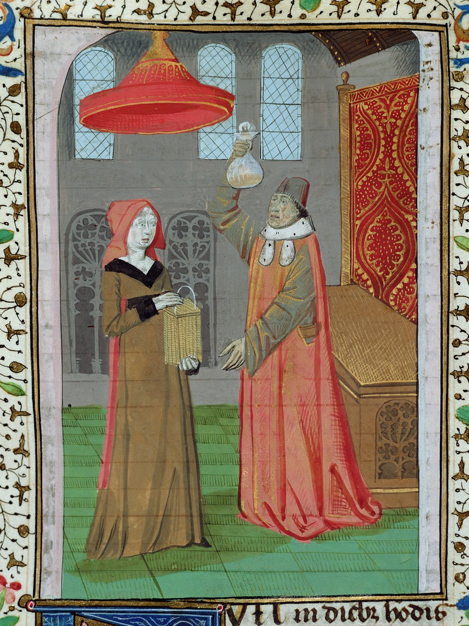 Ms H 7 fol.164r En läkare som undersöker St. Elizabeths urin för att se om hon är gravid, från Bibeln av Jean XXII av French School