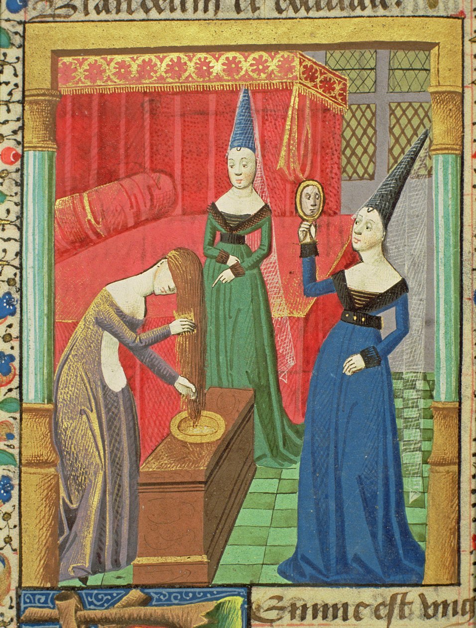 Ms Hunter 208 f.48v Feminine Vanities, från The Fall of Princes, av Giovanni Boccaccio (1313-75) 1472 av French School