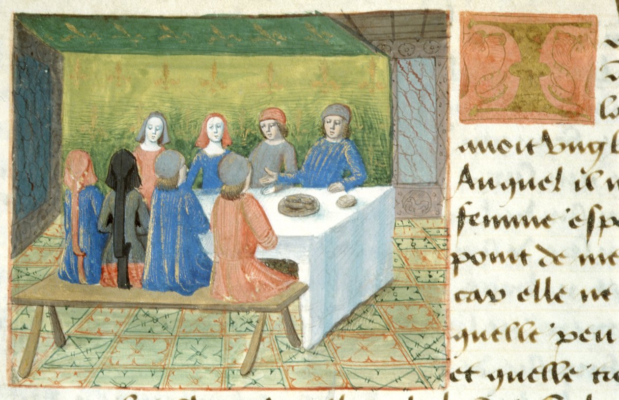 Ms Hunter 252 f.133v Meal, från Les Cent Nouvelles Nouvelles, 1462 av French School