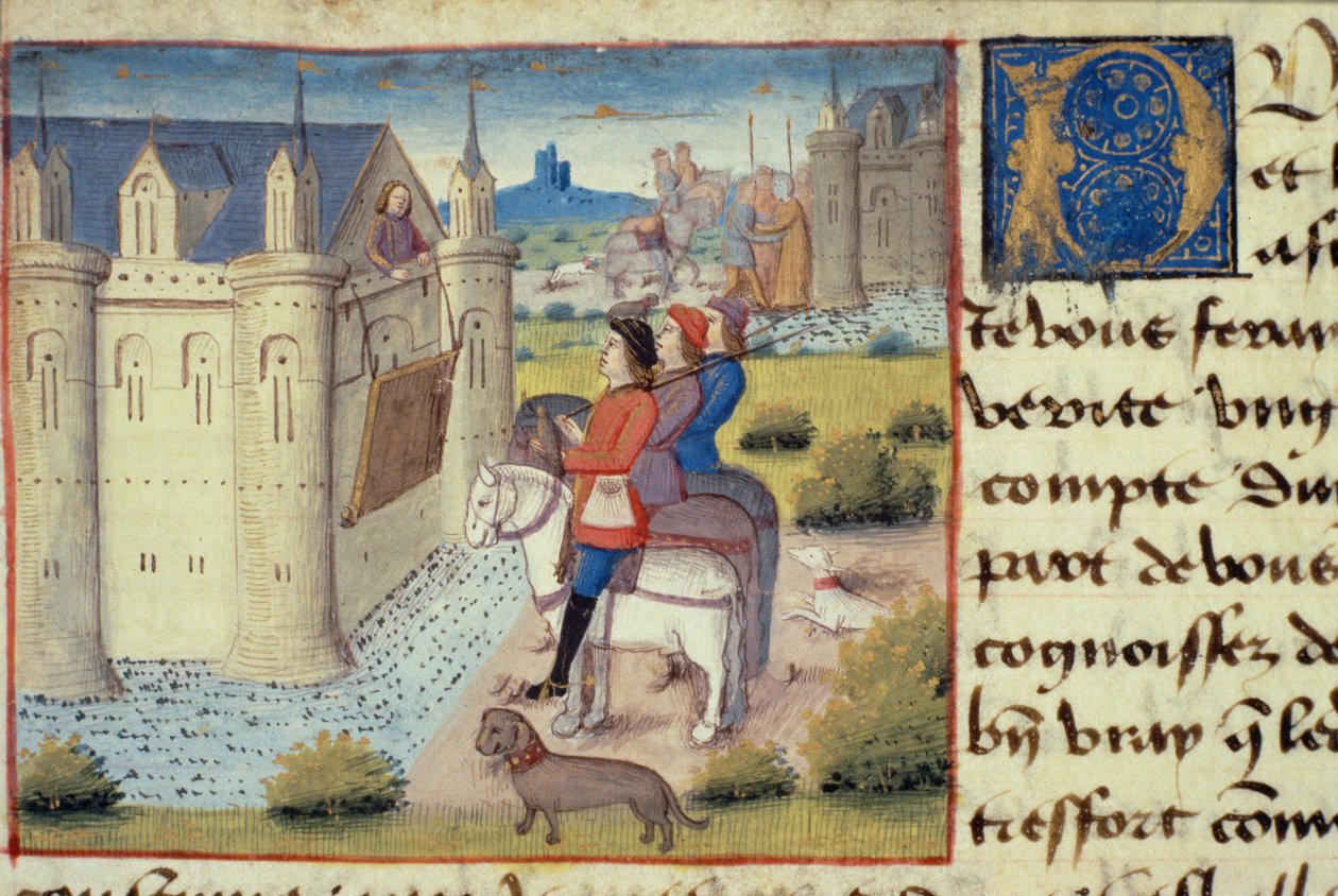 Ms Hunter 252 f.169v vallgrav runt en stad, från Les Cent Nouvelles Nouvelles, 1462 av French School