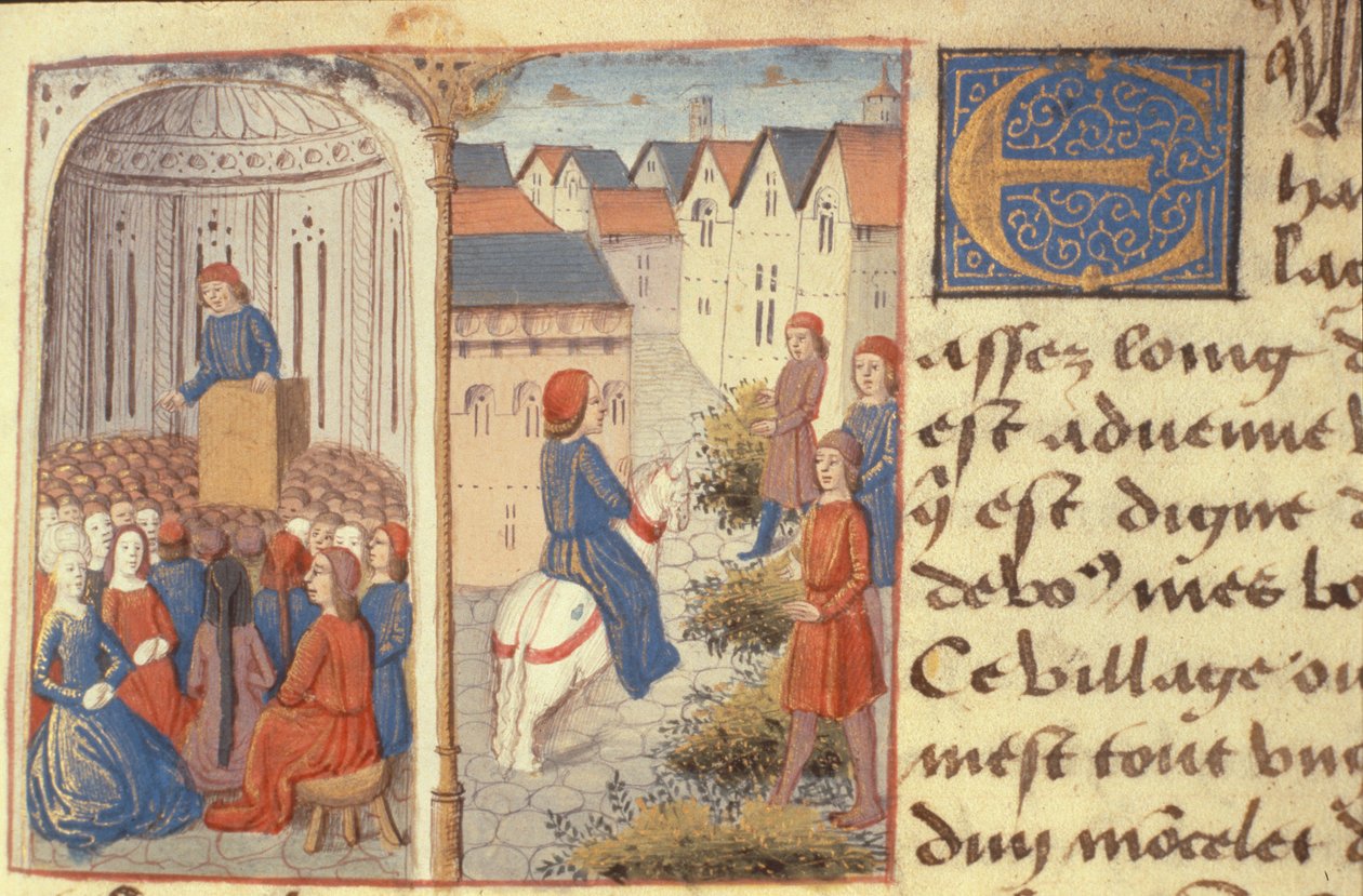 Ms Hunter 252 f.183r A Lecture and Strewing Rushes in the Streets, från Les Cent Nouvelles Nouvelles, 1462 av French School