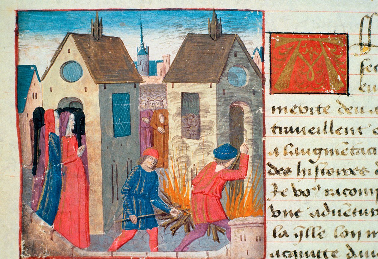 Ms Hunter 252 f.75v Bränna ett hus, från Les Cent Nouvelles Nouvelles, 1462 av French School