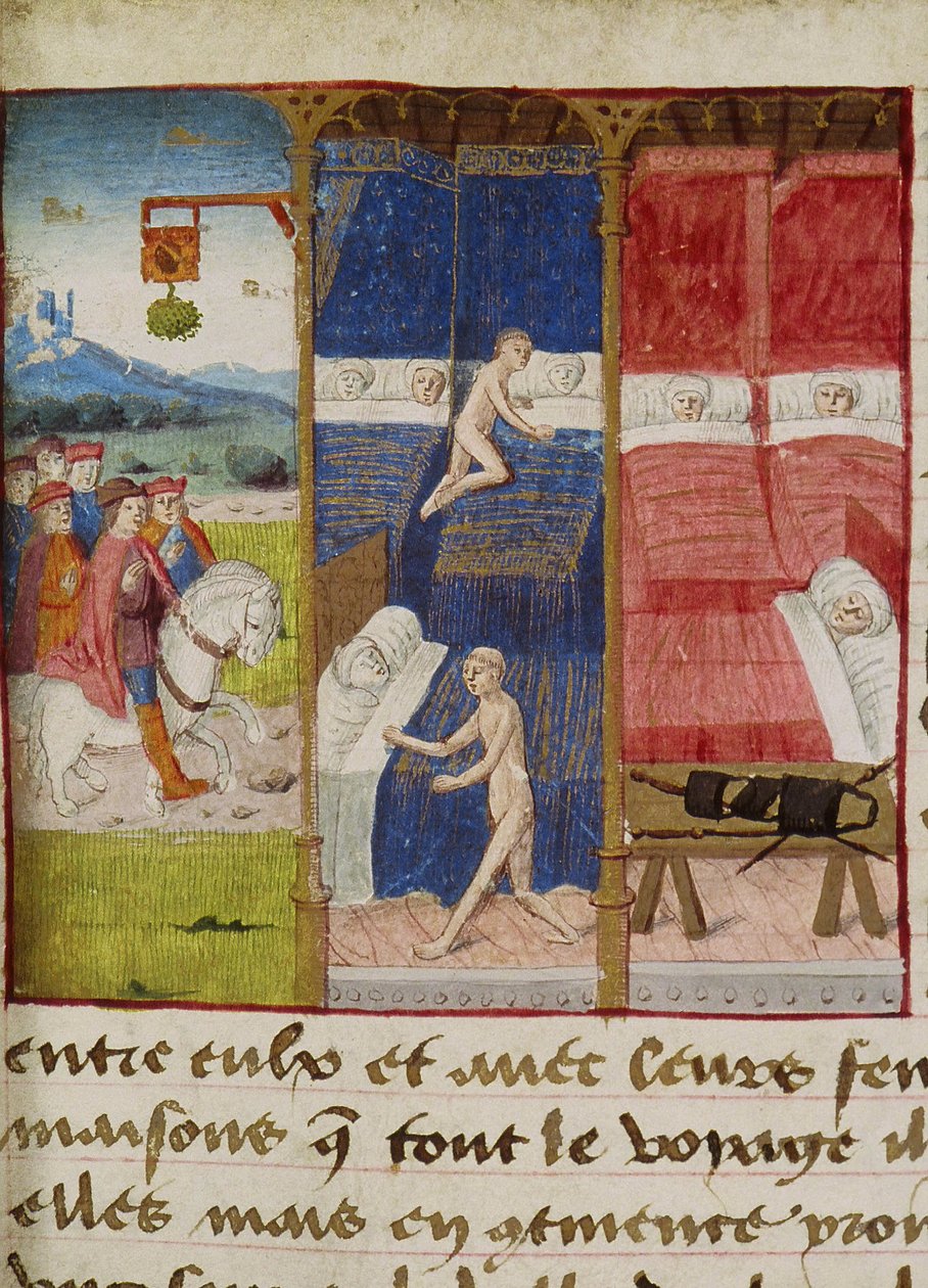 Ms Hunter 252 f.75v Hostel, från "Les Cent Nouvelles Nouvelles", 1462 av French School