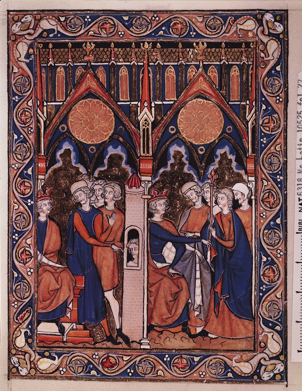 Ms Lat 10525 Fol.22 Joseph förklarar drömmen om farao och farao som återinsätter sin butler, från Psalter of St. Louis, c.1258-70 av French School