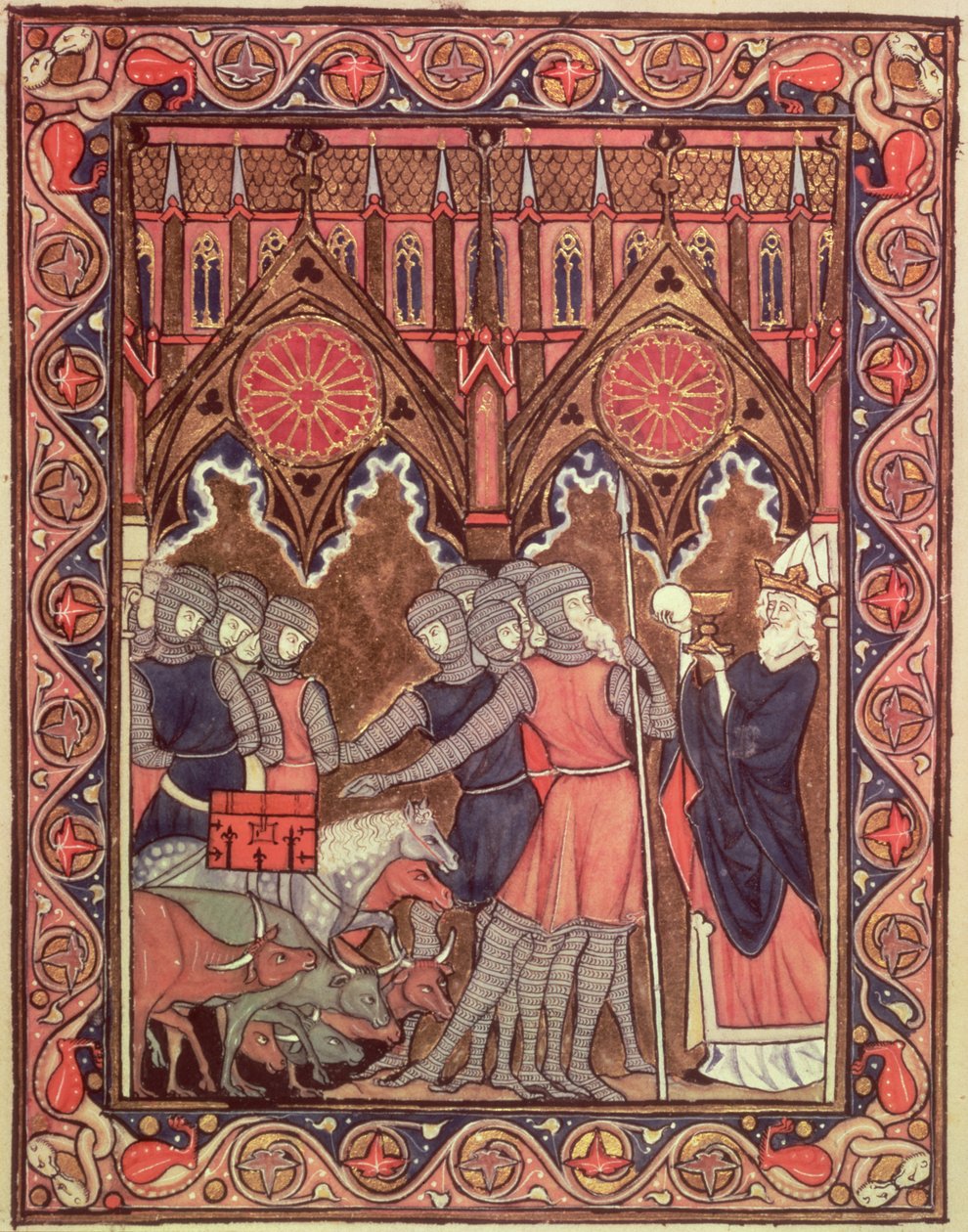 Ms Lat 10525 fol.6 Abraham presenterar sina fångar och sitt byte för Melkisedek, från St. Louis Psalter, ca 1258-70 av French School