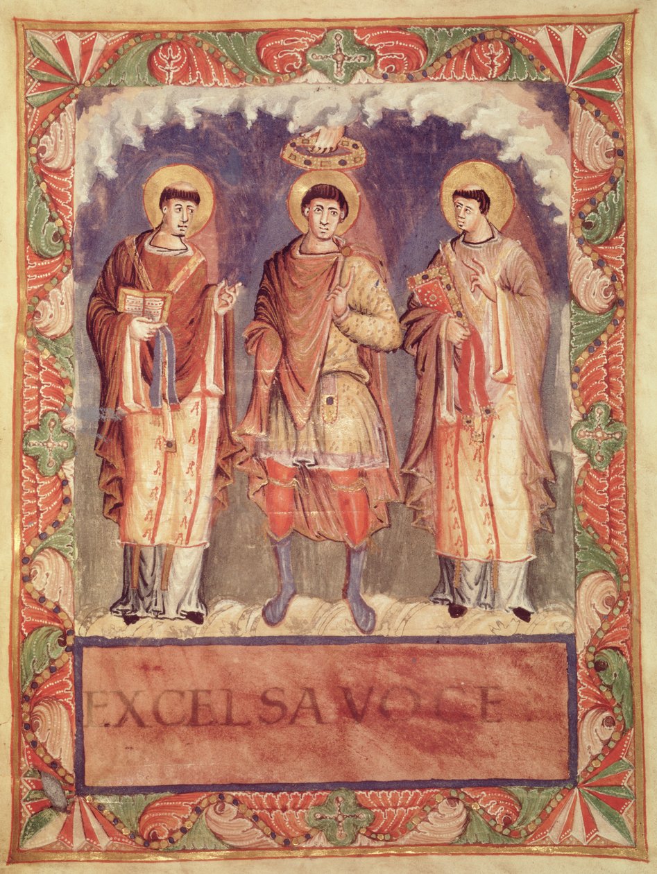 Ms Lat 1141 fol.2v Kröningen av Karl II (823-877) med ärkebiskoparna av Reims och Treves, från Sacrementaire de Metz (se även 159999) av French School