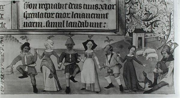Ms Lat 1173 f.20 Pastoral Dance, from the Hours of Charles dAngouleme, c.1480 av French School