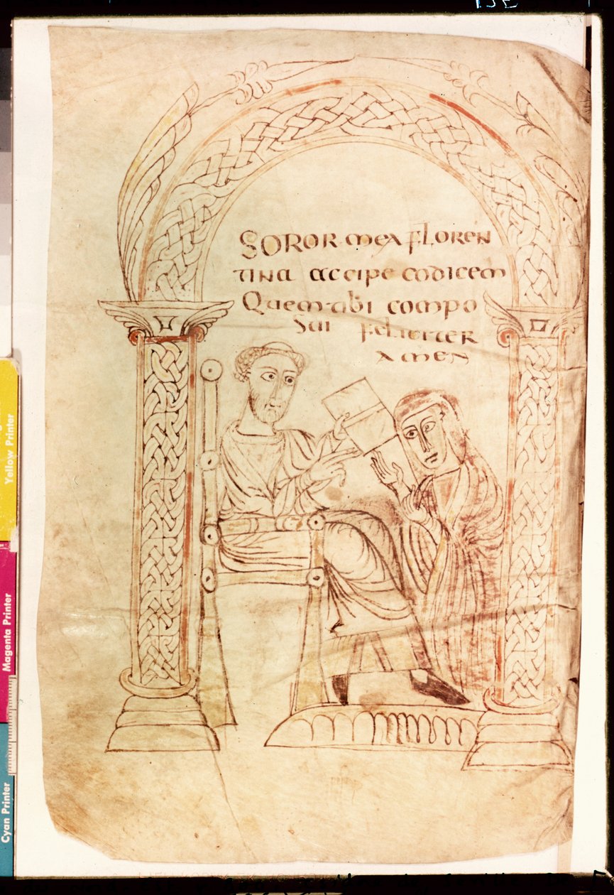 Ms Lat 13396 Fol.1 Isidore erbjuder sitt verk till sin syster Florentina, från De Catholic Faith från Gamla och Nya Testamentet mot judarna av Isidore av Sevilla (ca 560-636) ca 800 av French School