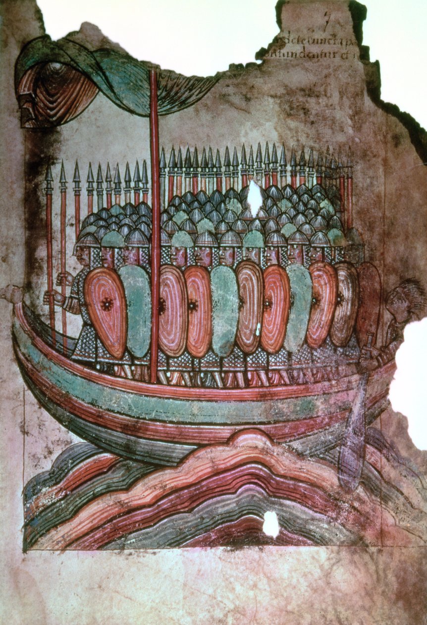 Ms Lat 1390 fol.7 normandiska soldater som korsar den engelska kanalen, från La Vie de Saint Aubin dAngers av French School