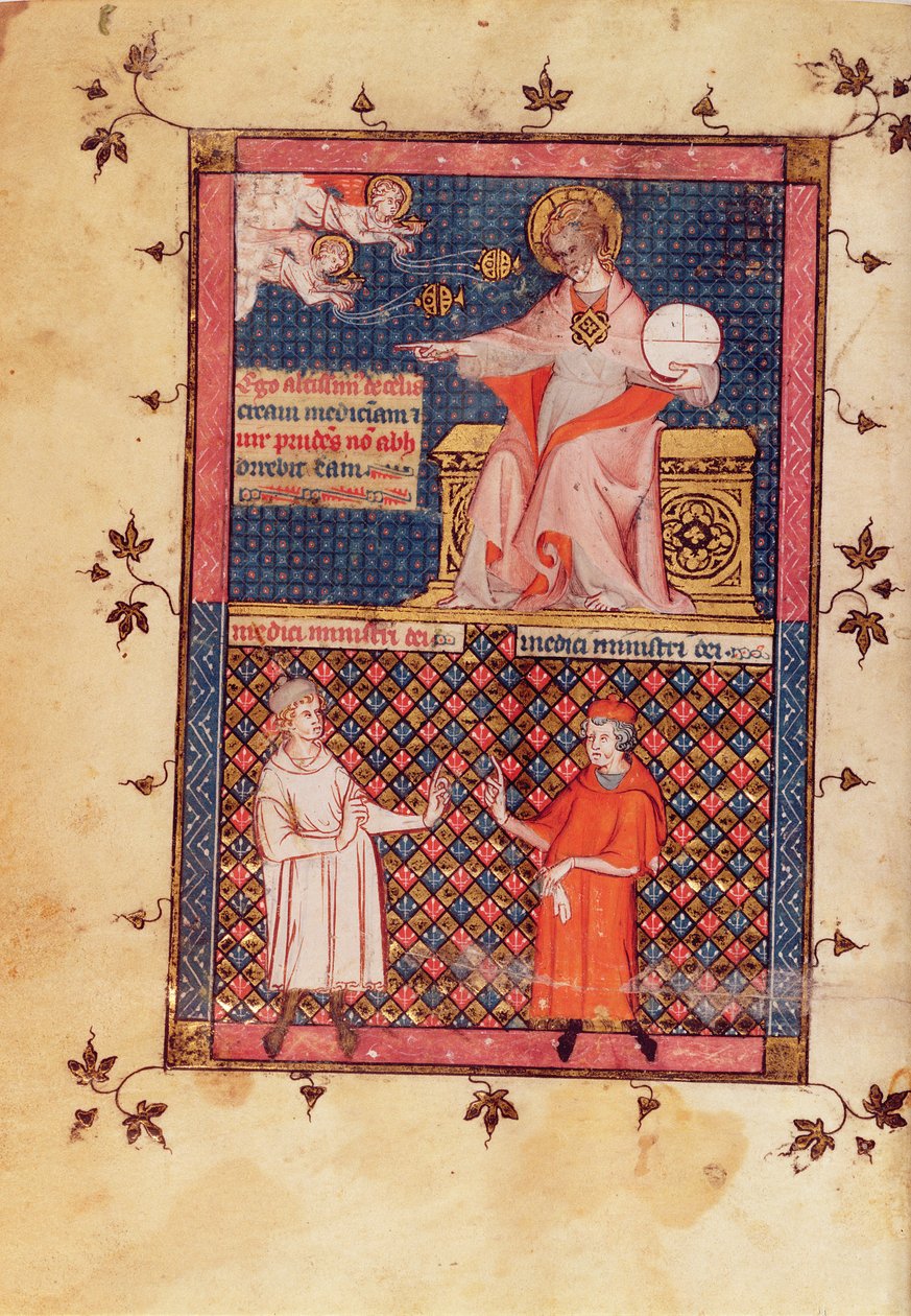 Ms Lat 14023 fol.1v Gud skapar medicin och ger kunskap till läkarna, från medicinkanonen av Avicenna (Ibn Sina) (980-1037) översatt av Gerard de Cremone (1114087) c.1320 av French School