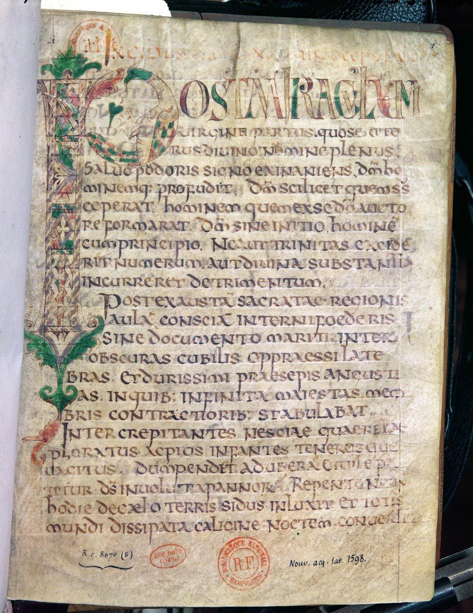 Ms Lat 1598 Fol.1 Zoomorphic historik initial P, från ett verk av Saint Augustine (354-430) av French School