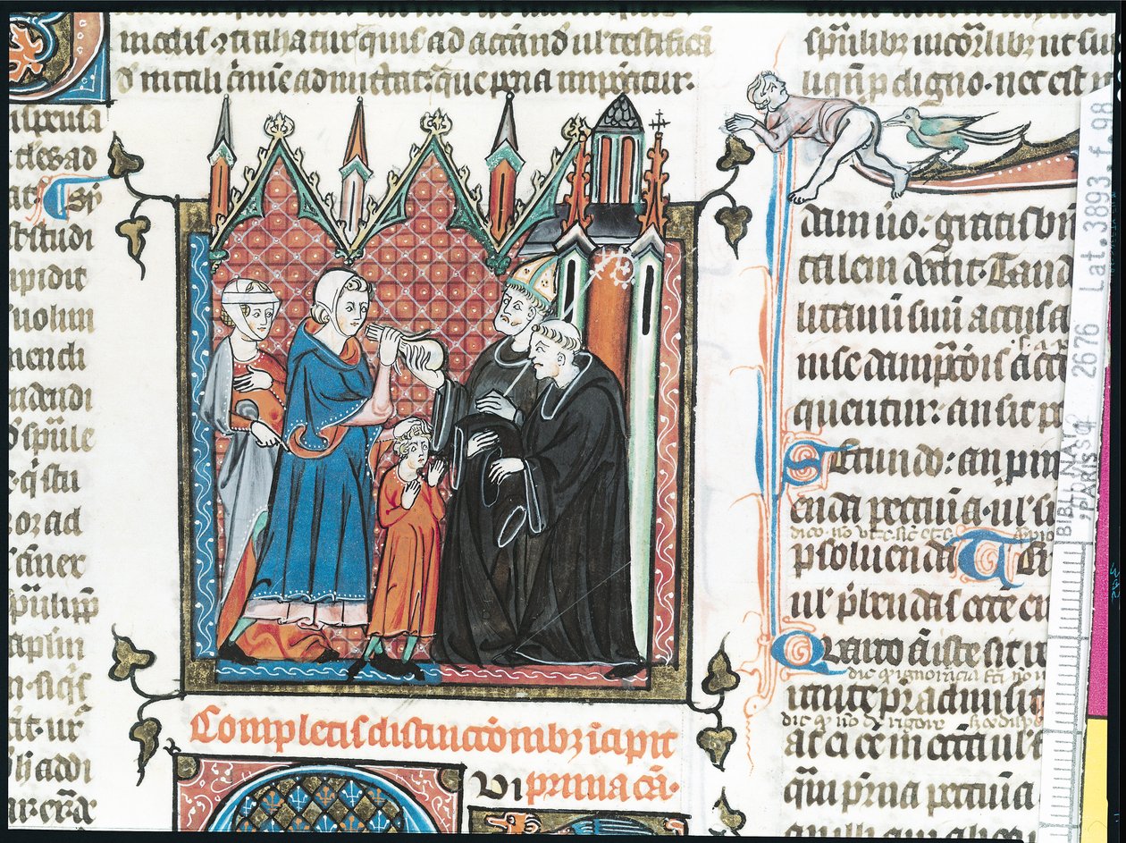 Ms Lat 3893 Fol.98 Föräldrar erbjuder en biskop pengar för att ta med sin son till klostret, 1314 av French School