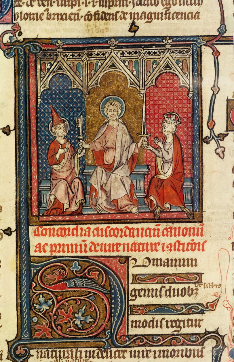 Ms Lat 3893 fol.1 Andlig och timlig kraft, från Decrets de Gratien, 1314 av French School