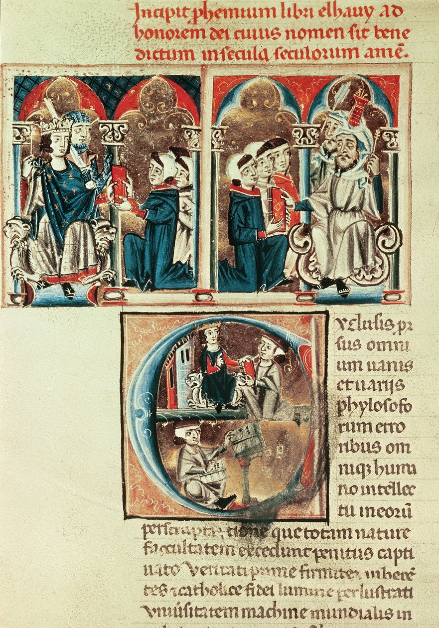 Ms Lat. 6912 fol.1v En judisk forskare presenterar en översättning av en arabisk avhandling för Philippe dAnjou av French School