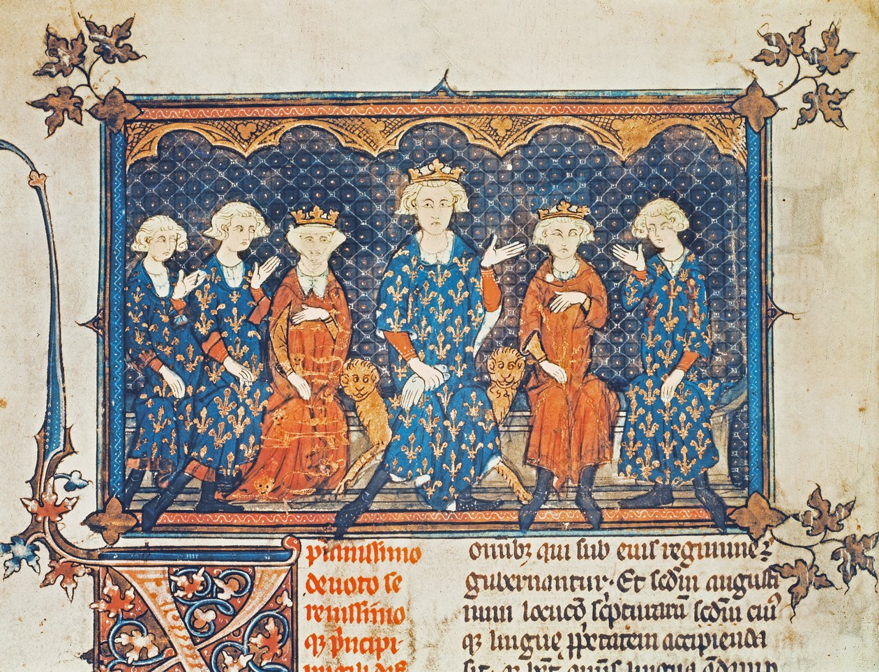 Ms Lat 8504 f.1v Philip IV (1268-1314) av Frankrike med sina fyra barn och bror Charles av Valois av French School