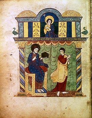 Ms Lat 8878 fol.1v Jesus presenterar evangeliet för St. Matteus, från en kommentar till apokalypsen av den asturiske munken Beatus av Liebana (c.776) c.1028-72 (vellum) av French School