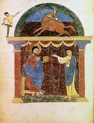 Ms Lat 8878 fol.3v Jesus præsenterer evangeliet for St. Lukas, fra en kommentar til apokalypsen af den asturiske munk Beatus af Liebana (ca. 776) c.1028-72 (vellum) sverige av French School
