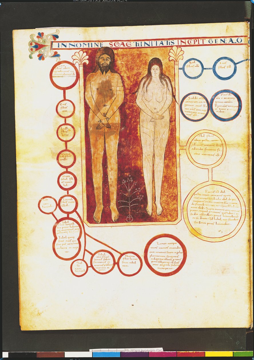 Ms Lat 8878 fol.5v Adam och Eva och Kristi släktforskning, från en kommentar till apokalypsen av den asturiske munken Beatus av Liebana (c.776) c.1028-72 av French School