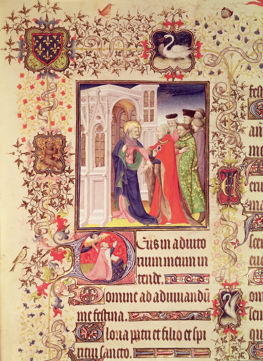 Ms Lat 919 fol.96 Jean de France, Duc de Berry leds av St. Peter in i himlens portar med en historisk initial `D av St. Peter och Jean de Berry vid bön, från Grandes Heures de Duc de av French School