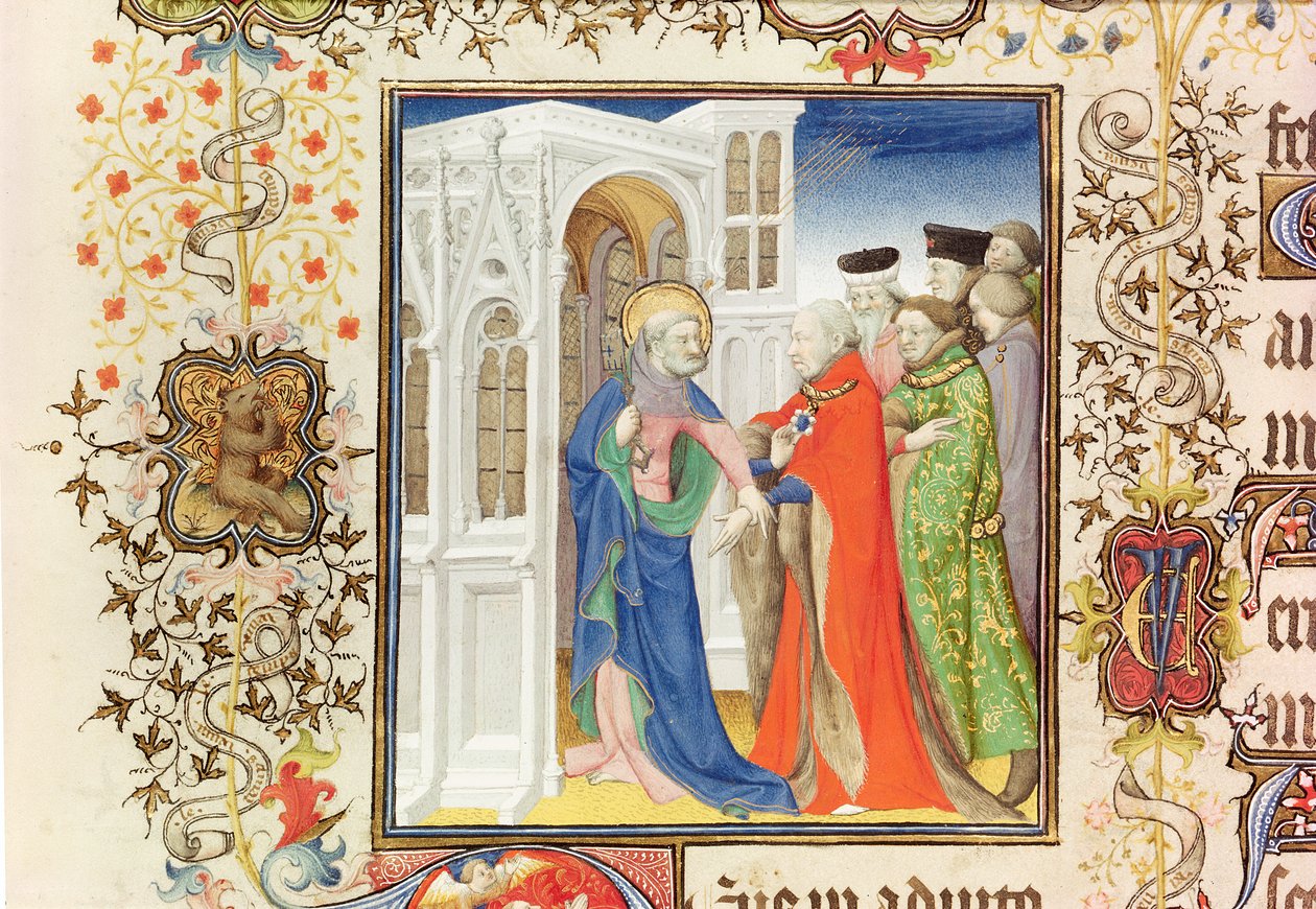 Ms Lat 919 fol.96 St. Peter Leading Jean de France (1340-1416) hertig av Berry in i paradiset, från Grandes Heures de Duc de Berry, 1409 (se även 159985 och 30908) av French School
