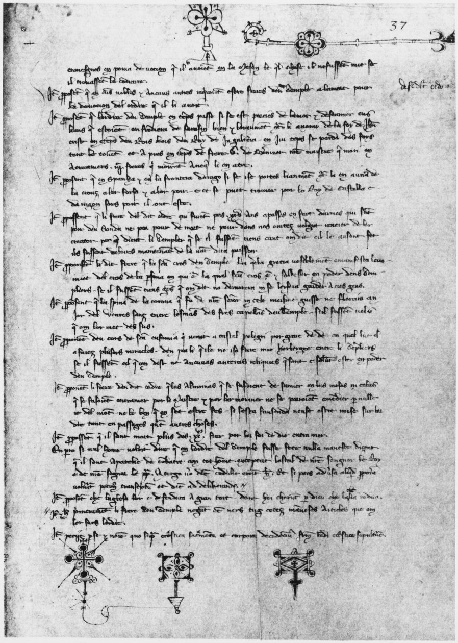 Ms Latin 11795 fol.37 Sida med text från rättegången mot tempelriddaren av French School