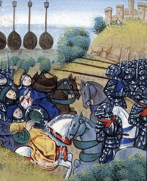 Ms Roy 20 C IX f.278v Ungersk seger över turkarna med den turkiska flottan i bakgrunden, av Jean Chartrier, sent 1400-tal, från 