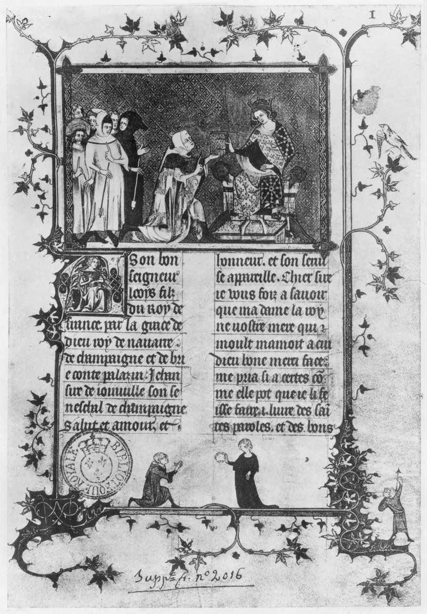 Ms fr 13568 fol.1 Jean de Joinville erbjuder sin bok om St. Louis (1215-70) till Louis X (1289-1316) den envisa av French School