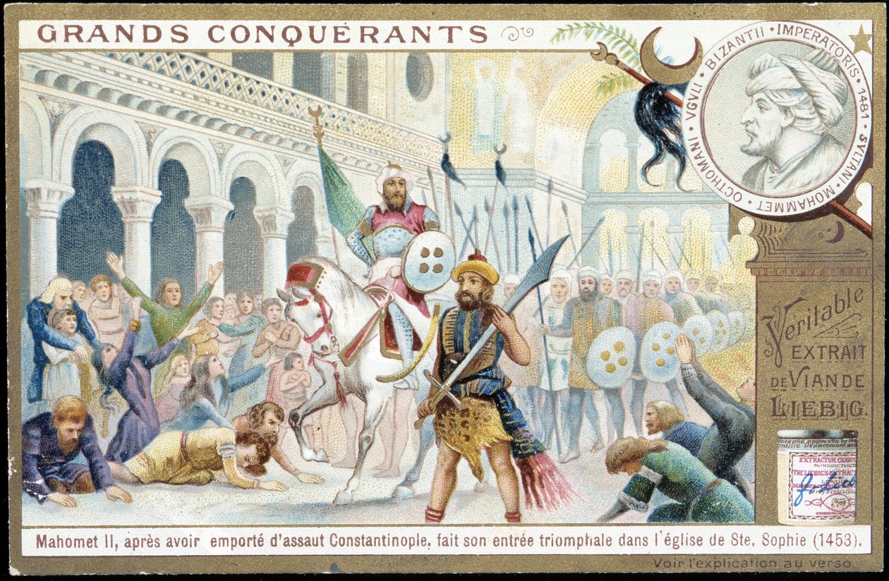 Muhammed II: den triumferande ingången till kyrkan St. Sophia, Konstantinopel - chromo. Liebig av French School