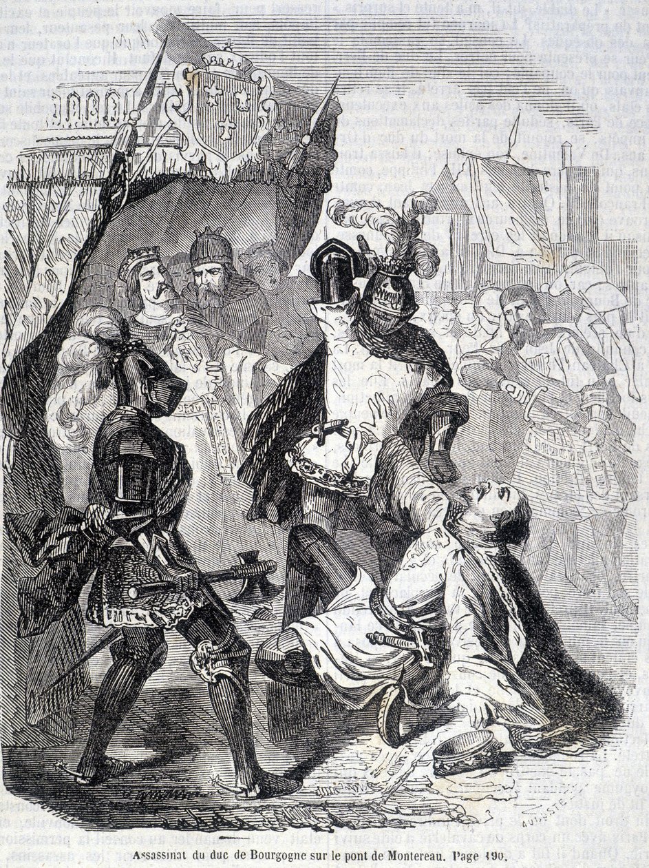 Mordet på hertigen av Bourgogne (Jean sans peur) på bron i Montereau 1419 - i "Histoire de France" av L.-P. Anquetil av French School