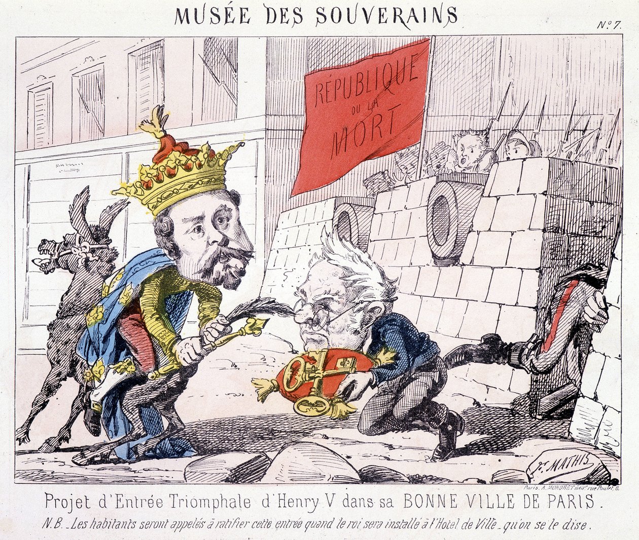 Musée des Souverains - Projekt för Henri V:s triumferande entré till hans goda stad Paris (Thiers överlämnade honom nycklarna till Paris försvarade av medborgare som bär flaggan skriven "République ou la mort"). av French School