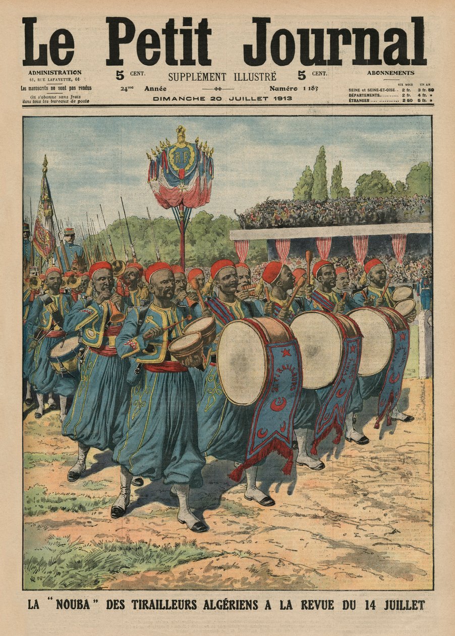 Musikalsk sektion af de algeriske infanterister, der paraderer ved anmeldelse af den 14. juli, forsideillustration fra 