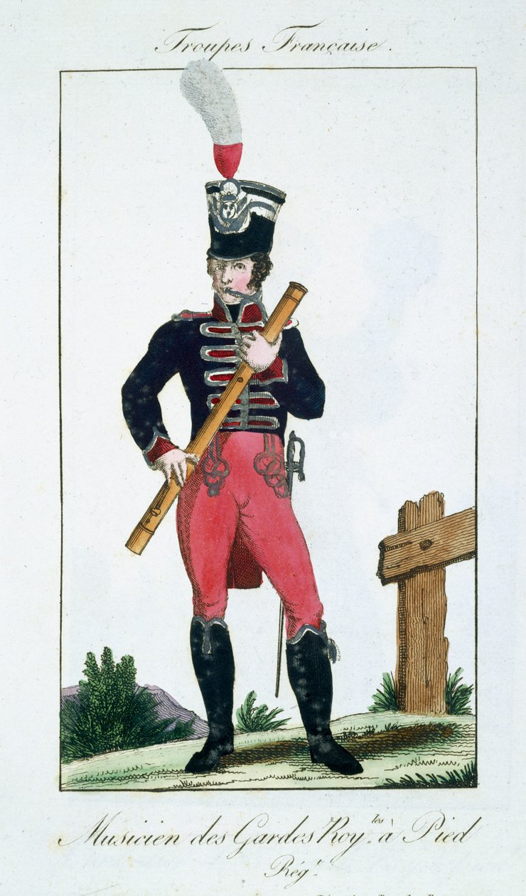 Musiker från Royal Footguards, från Troupes Francaises, pub. i Basset, Paris, ca 1790 av French School