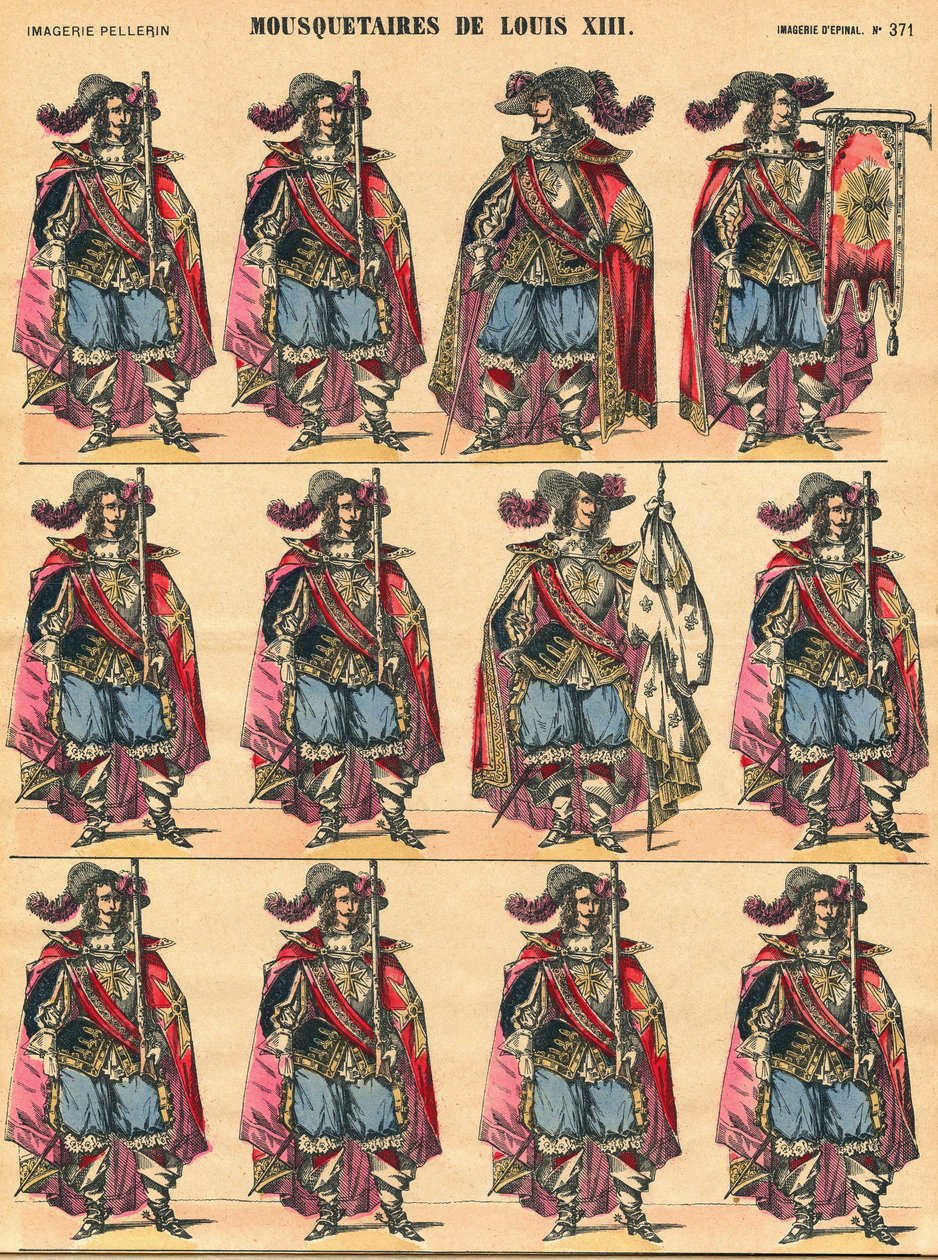 Musketörer av Ludvig XIII, beskrivande skylt. Avbildning av Epinal av French School