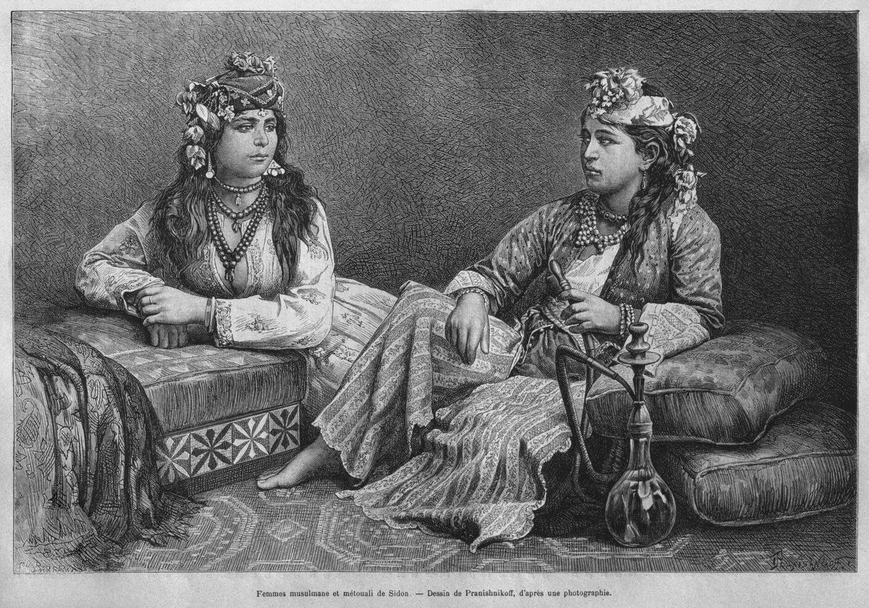 Muslimska kvinnor i Sidon, från Syrien idag. Reser i Fenicien, Libanon och Judéen. 1875-1880 av Louis Charles Emile Lortet, 1884 (bw gravyr) av French School