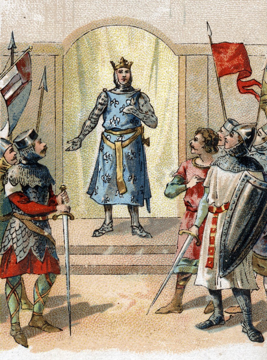 Min krona till den modiga fras som sades av Philippe Auguste den 27 juli 1214 till herrarna på tröskeln till striden om buviner. av French School