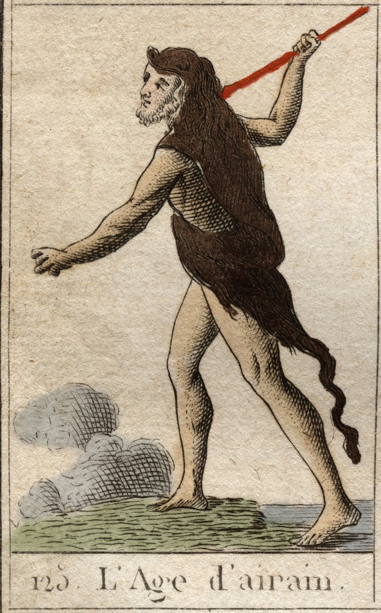 Myth of the Ages of Humanity: en representation av den fräcka tidsåldern, som en ung man med ett lejonskinn och ett spjutvapen. (Bronsåldern avbildad som en ung man, klädd med en lejonpäls och beväpnad med ett spjut). Från "Mythology of Youth" av Pierre Bl av French School