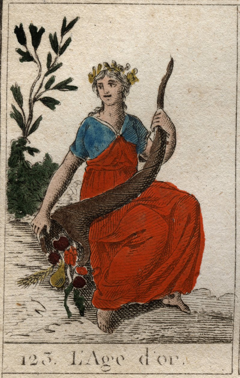 Myth of the Ages of Humanity: representation av guldåldern, som en ung jungfru med perfekt skönhet, krönt med blommor och med ett horn av överflöd (Golden Age skildrar som en ung och vacker kvinna, som håller ett ymnighetshorn och krönt med blommor). Fr av French School