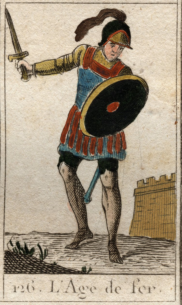 Myth of the Ages of Humanity: representation av järnåldern, som en ung man som bär hjälm och håller i ett svärd och en sköld. (Järnåldern avbildad som en ung man, iklädd hjälm, svärd och sköld som en krigare). Från "Mythology of Youth" av Pierre Bl av French School