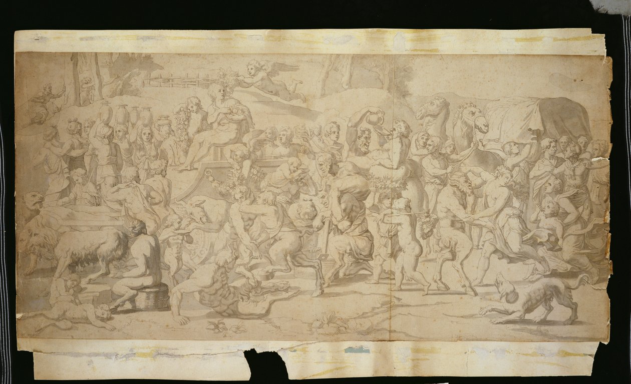 Mytologisk scen med satyrer (penna, bläck  lavering på papper) av French School