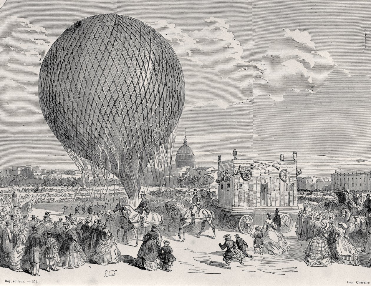 Nadars ballong, Le Géant förbereds vid Champ de Mars, Paris för sin första flygning den 4 oktober 1863, illustration från Paris a Travers Les Siecles: Tome 5, 1889 av French School