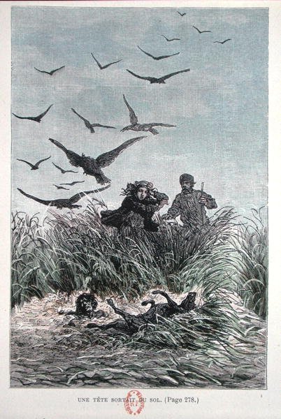 Nadia och Michel Strogoff, ur "Michel Strogoff" av Jules Verne (1828-1905) 1893 (färglitografi) av French School