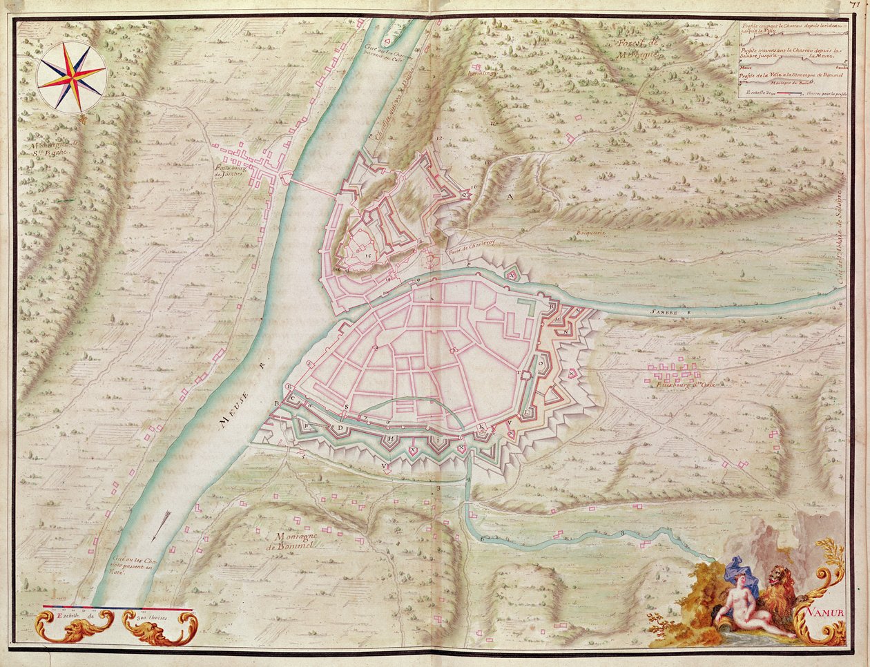 Namur med omnejd, från Atlas de Louis XIV. Plans des Places etrangeres, 1665 (penna, bläck och tvätt) av French School