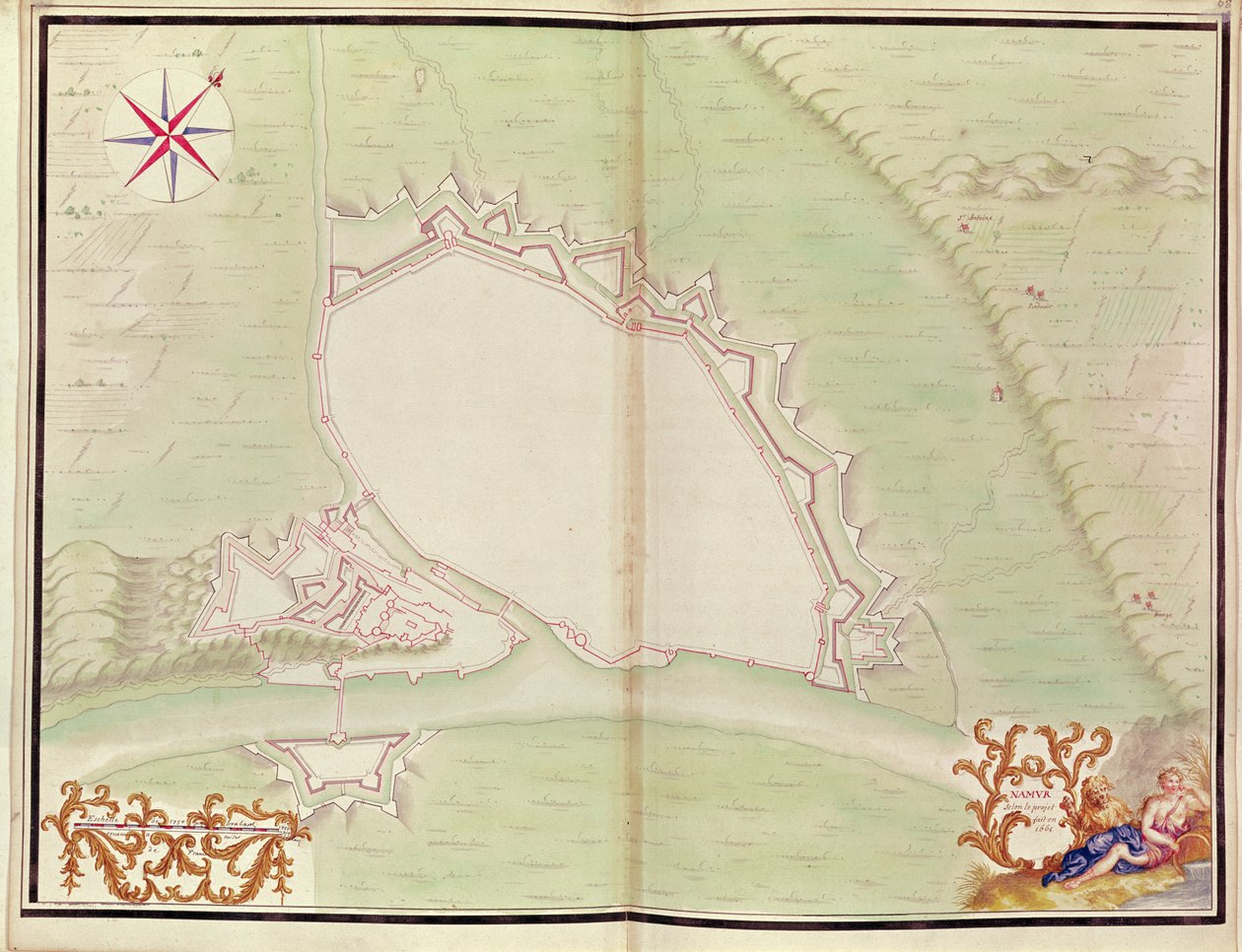 Namur, från Ludvig XIV:s Atlas. Planer över främmande platser, 1665 (penna, bläck och tvätt) av French School