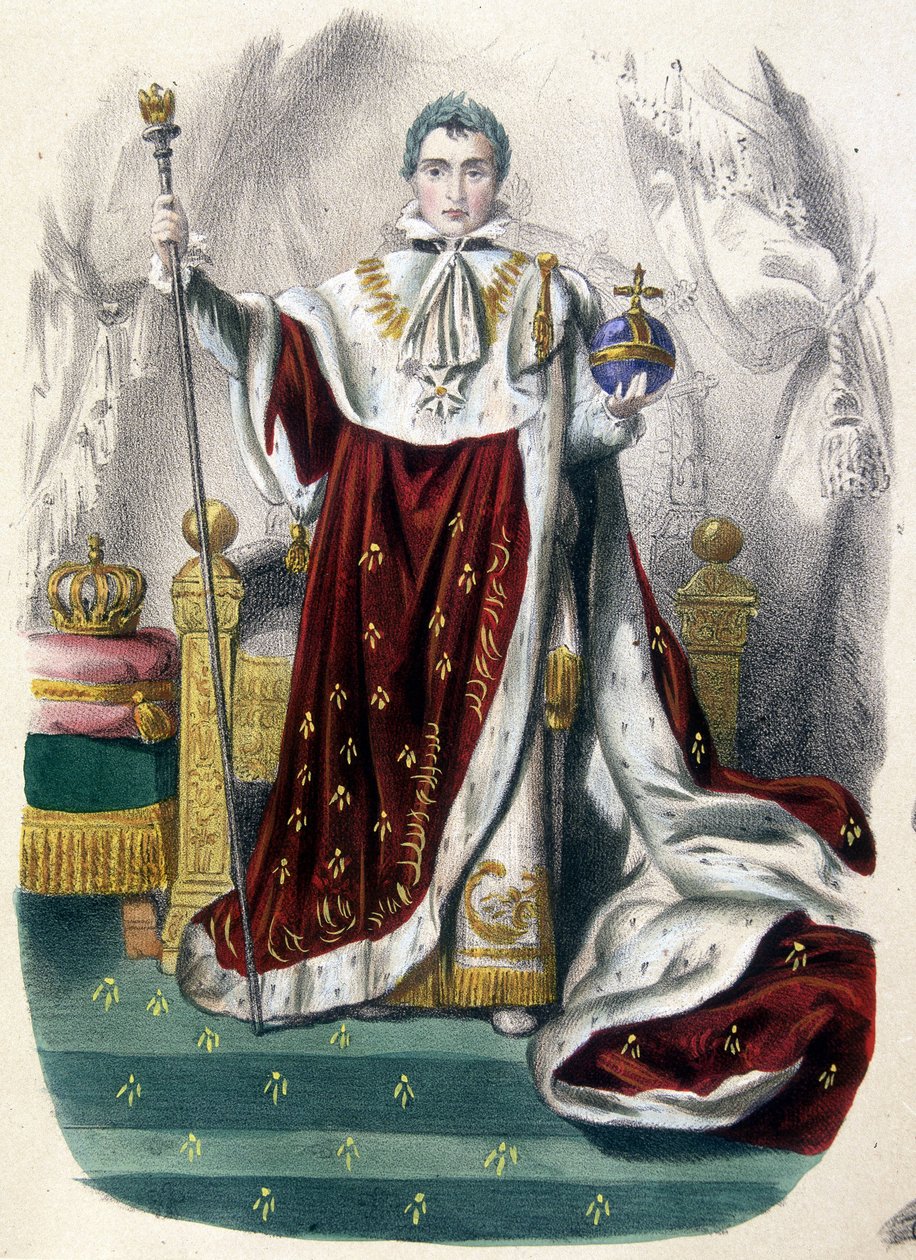 Napoleon 1:a i kröningsdräkt - i "Frankrikes historia i tryck", sent 1800-tal av French School