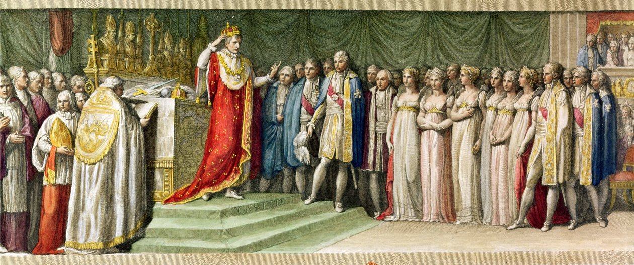 Napoleon Bonaparte (1769-1821) kröner sig själv med langobardernas järnkrona i Milano, 1805 (färgstick) av French School