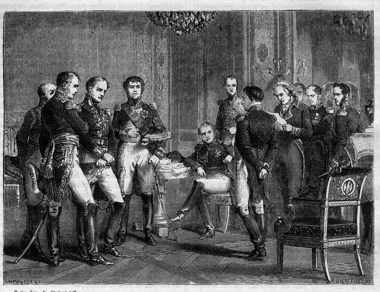 Napoleon Bonaparte - Napoleons första abdikation 1814 - Läser i Napoleons närvaro av ett brev från Pierre Riel de Beurnonville till Marechal MacDonald, hertig av Taranto - i "Histoire de l
