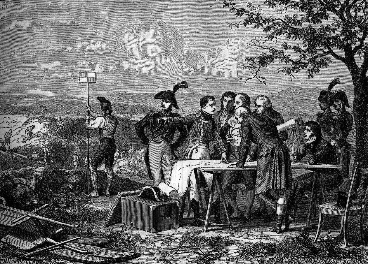 Napoleon Bonaparte indikerar planen för skärningen av Canal de Saint-Quentin 1801 - Bonaparte indikerar genomträngningen av Canal de Saint Quentin 1801 - Gravyr av 1800-talet av French School