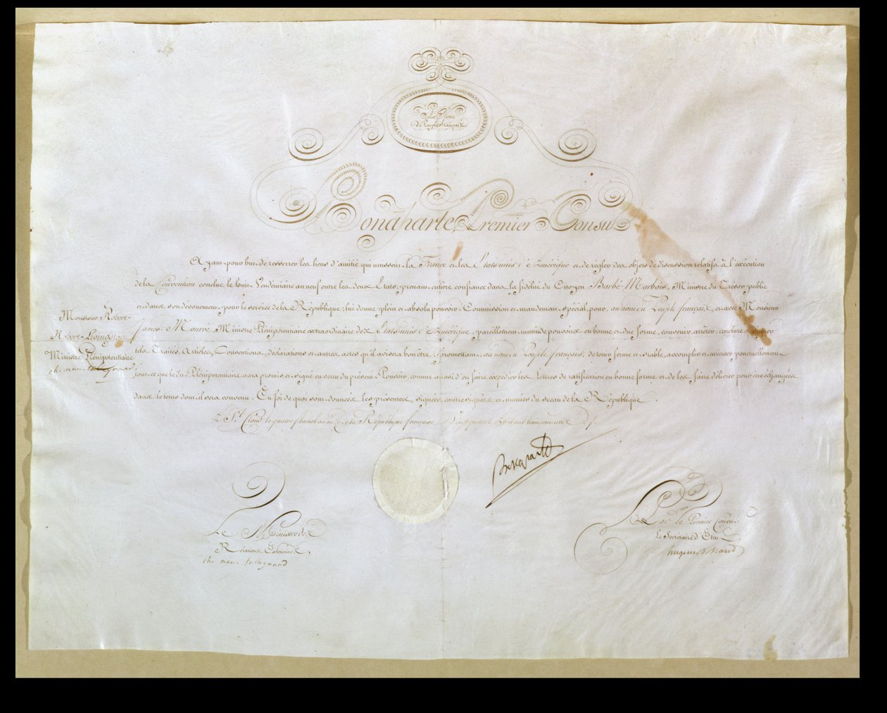 Napoleon Bonapartes (1769-1821) tillstånd för köp av Louisiana av USA, 30 april 1803 (bläck på veläng) av French School